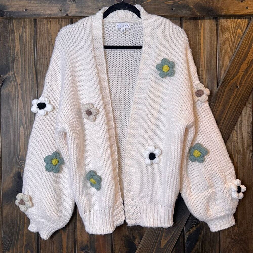 She + Sky Floral Appliqué Open Front Sweater